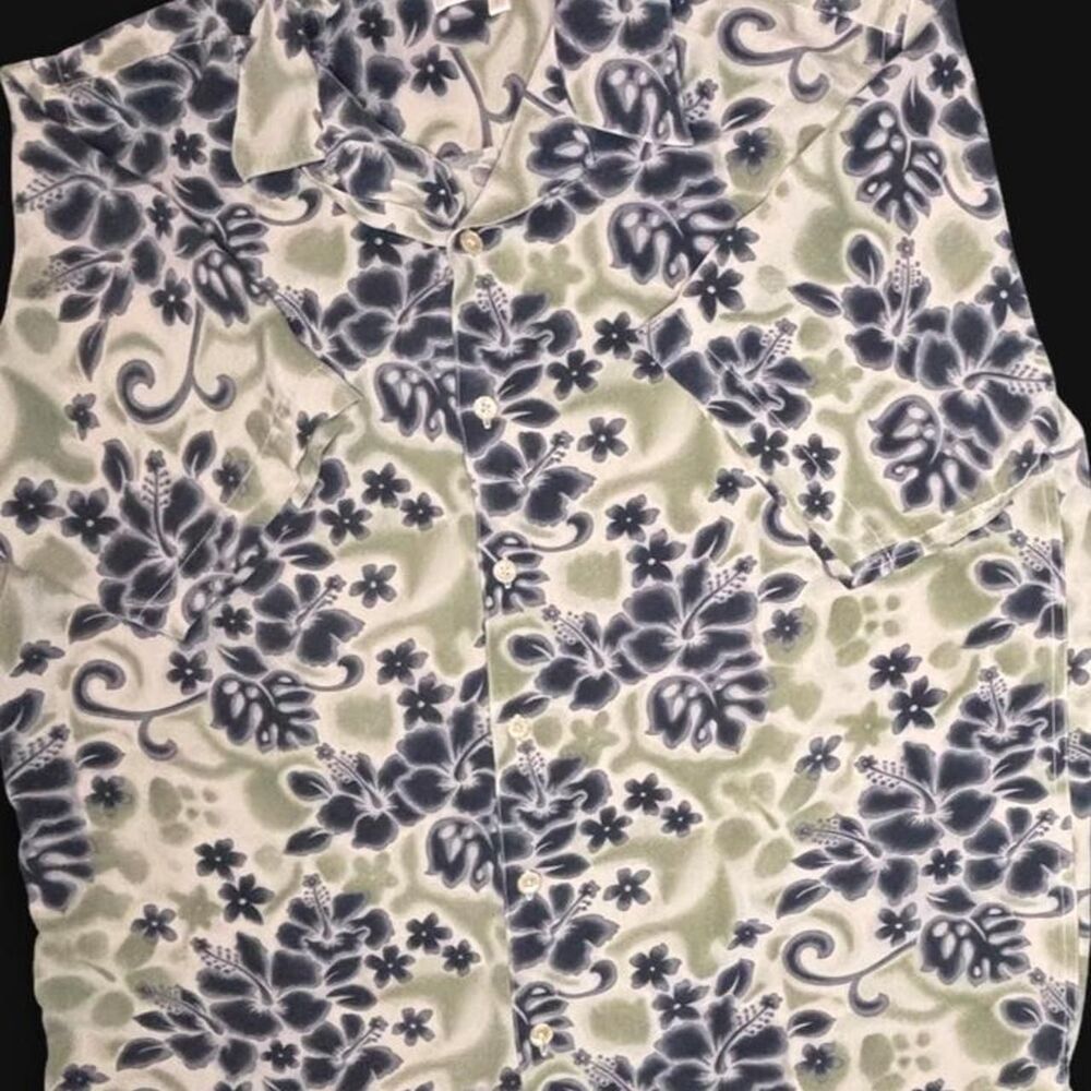 Perry Ellis Hawaiian Shirt Men’s Large 100% Silk Green Blue Tropical Button Up
